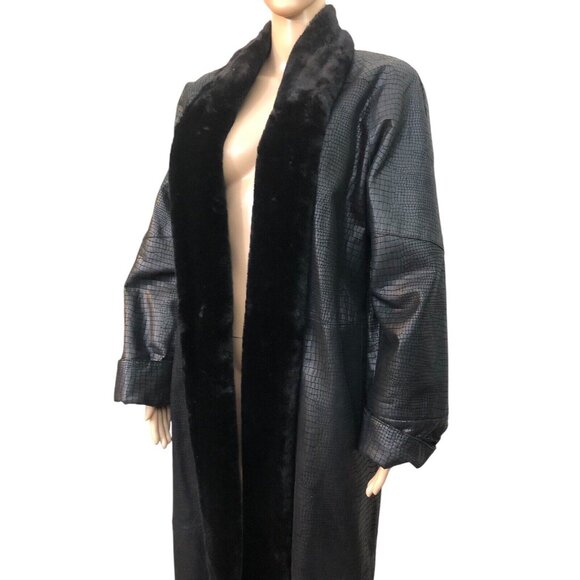 SOLD Vintage 1990s Black Leather Fur Collar Reptile Alligator Trench Coat - Picture 3 of 16